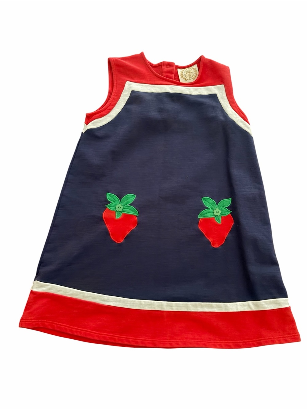 The Beaufort Bonnet Company Navy Dress with Red & Green Strawberry Appliqués